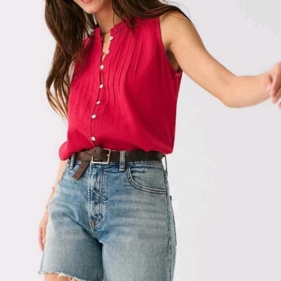 Faherty Women’s Peasant Pintuck Ruffle Sleeveless Top Red Organic Cotton XXL - Picture 1 of 12